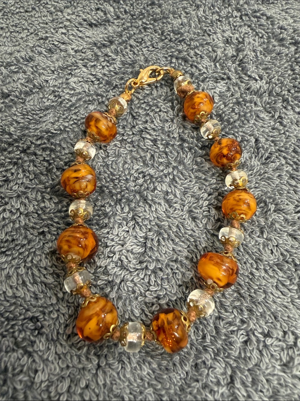 Neiman Marcus Amber Swirl Glass Bead Necklace with Gold-Tone Accents